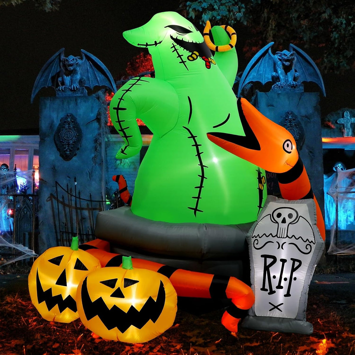 6 ft Inflatable Green Monster with Pumpkins and Tombstone, Halloween outdoor decoration